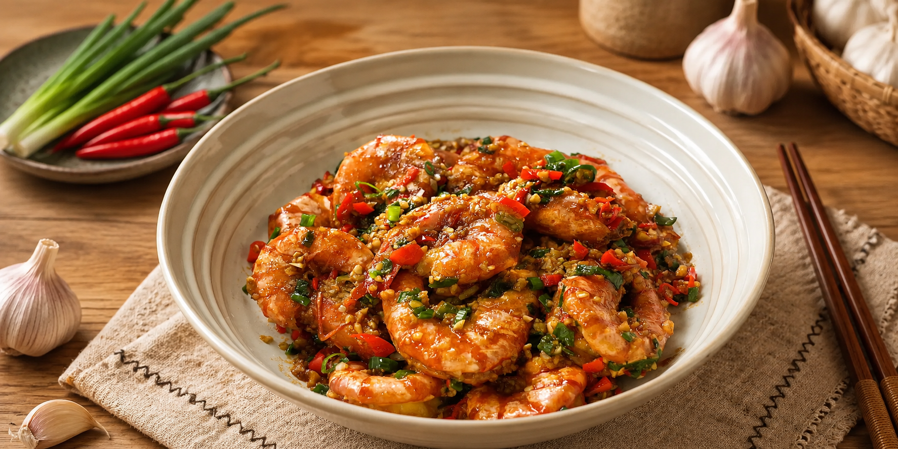 Garlic Oil-Braised Prawns Pan-fry plated dish