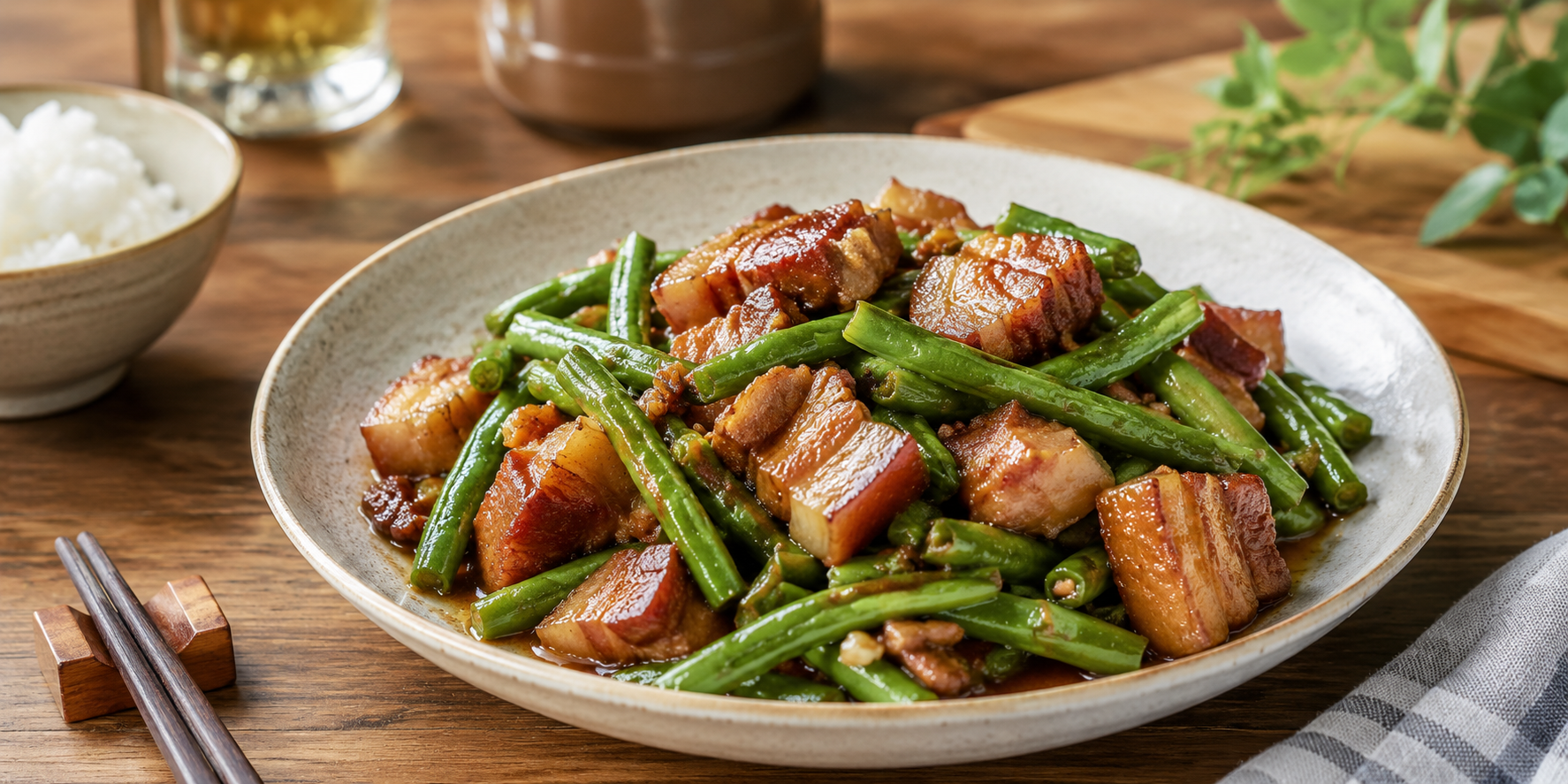Braised Pork Belly with Green Beans Stir-fry plated dish