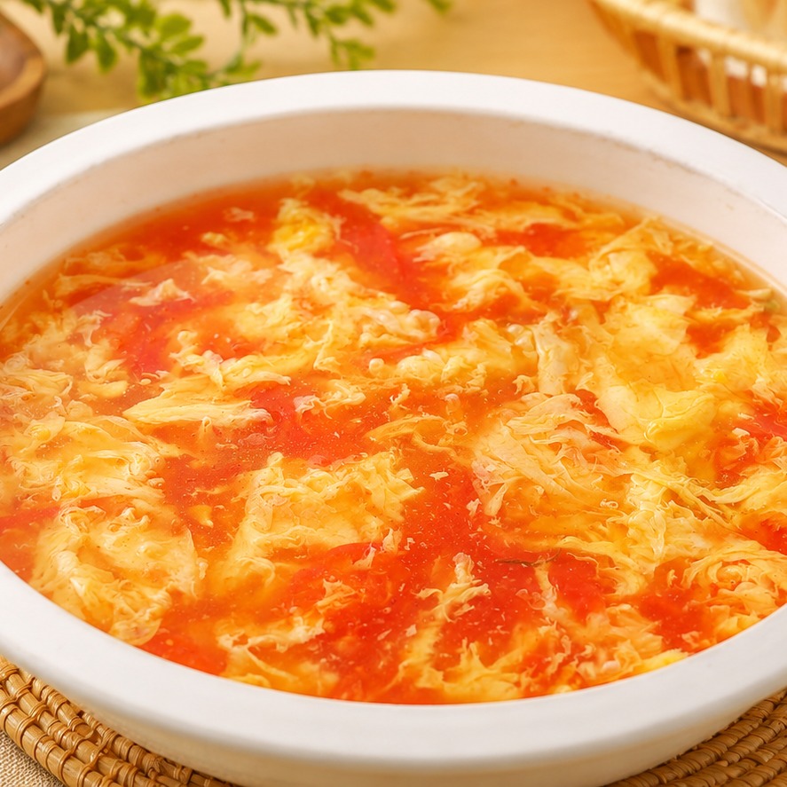 Tomato and Egg Drop Soup Soup plated dish