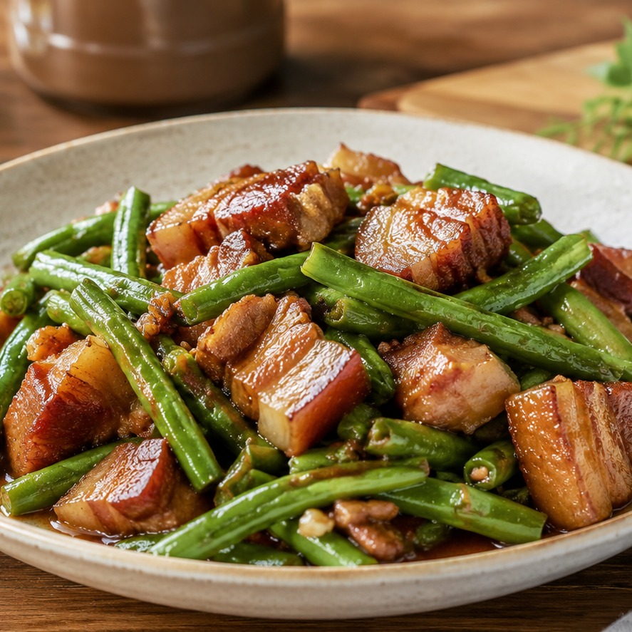 Braised Pork Belly with Green Beans Stir-fry plated dish