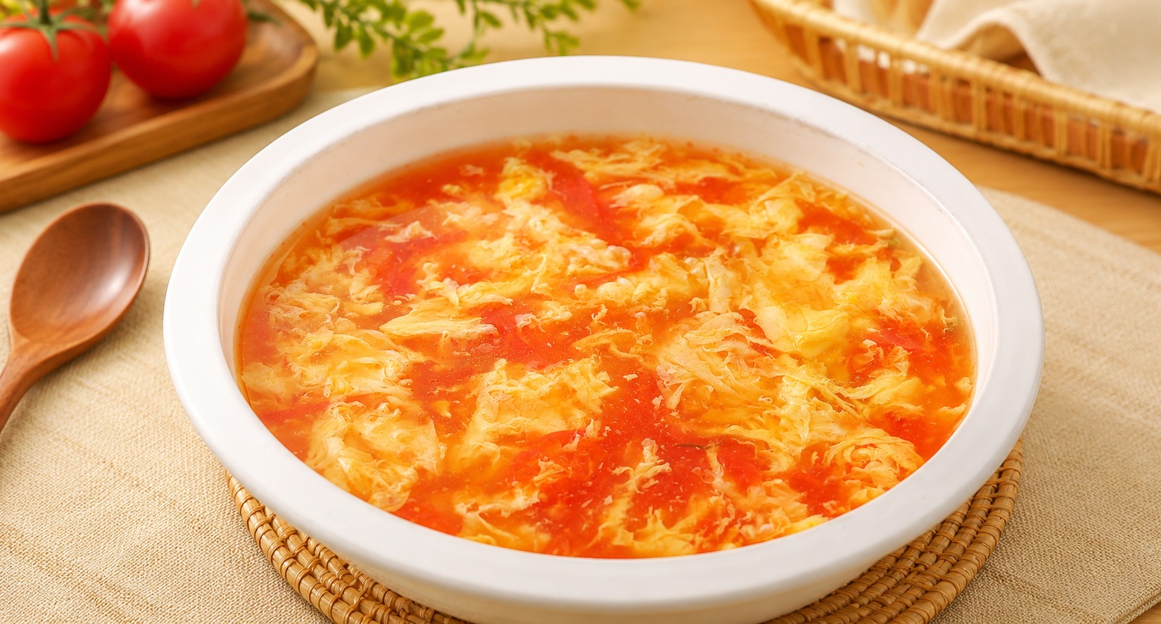 Tomato and Egg Drop Soup Soup plated dish